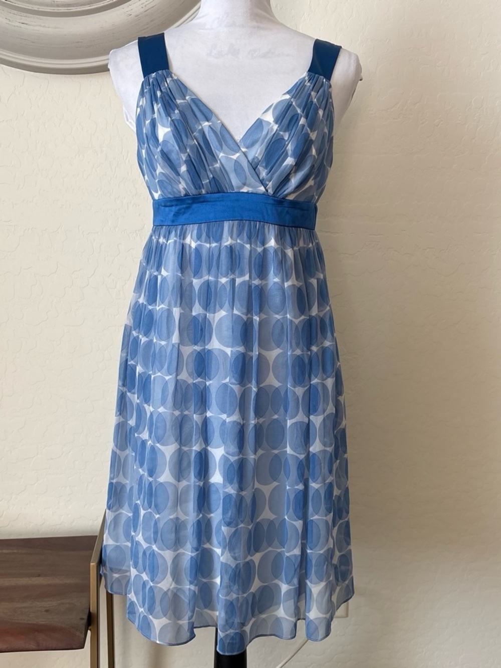 Maggy London Silk Midi Dress Sleeveless Empire Waist Blue White Polka Dot 8P